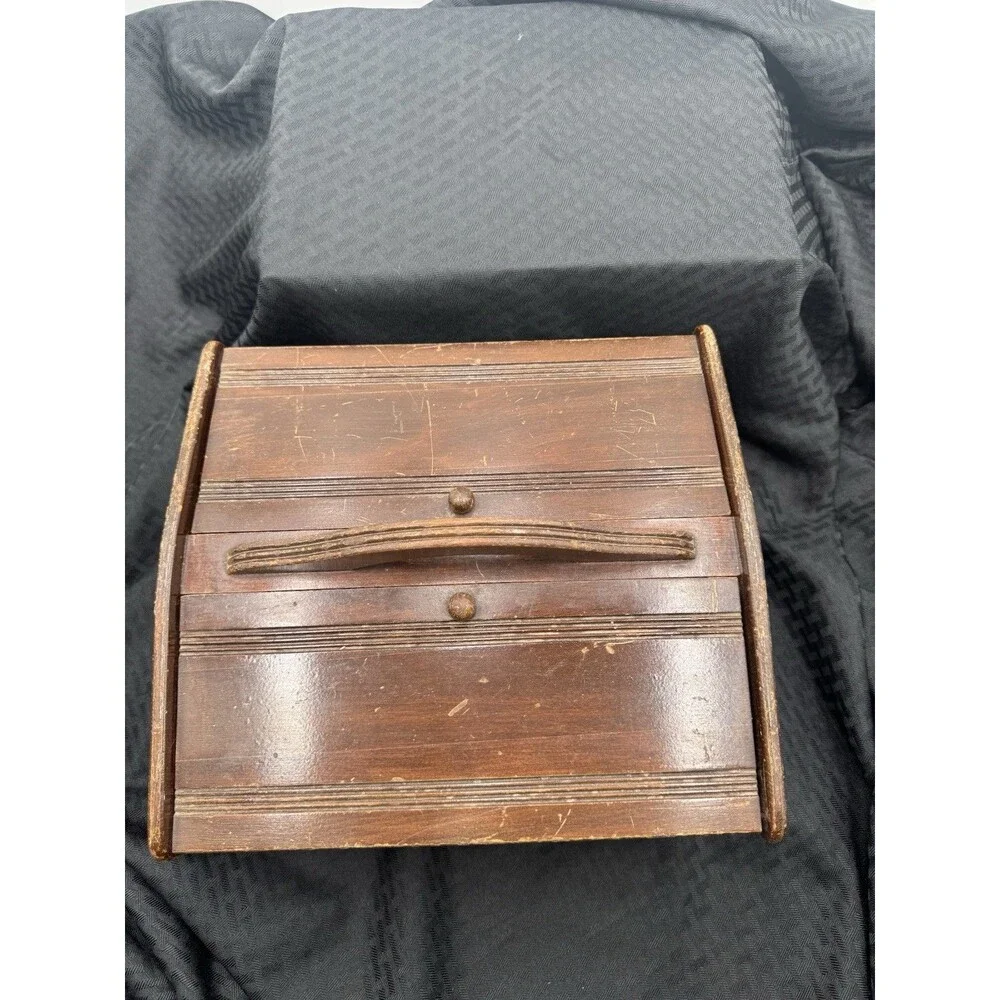 Vintage Wood Sewing Box With Handle, Hinged Double Flip Lids,  Butler # 150
